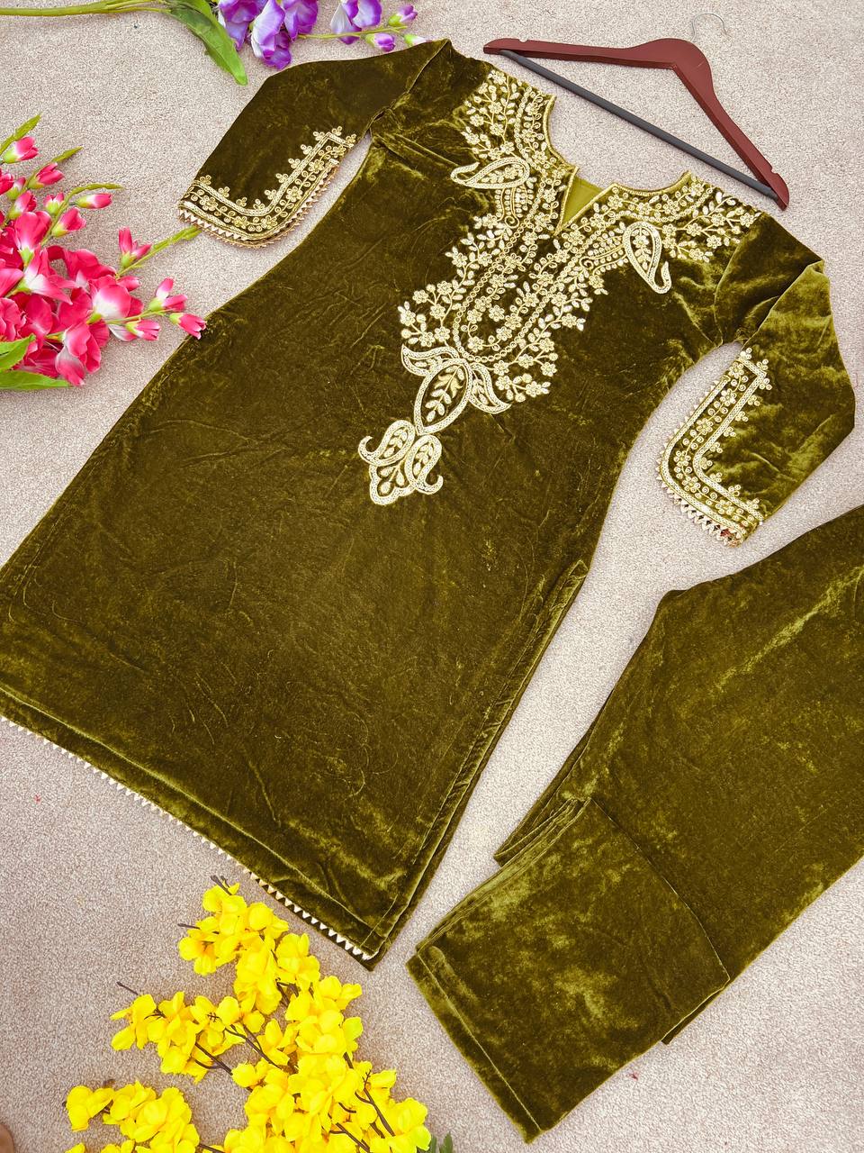 Mustard Heavy Viscose Velvet Embroidery Sharara Suit For Party Wear