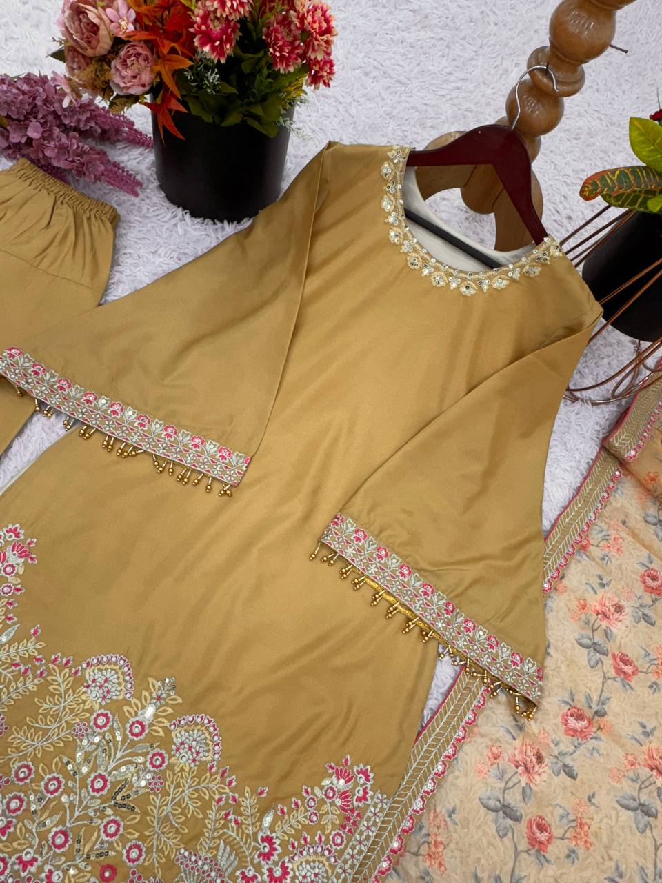 Mustard Designer French Crepe Silk Farshi Pant Top and Dupatta Set