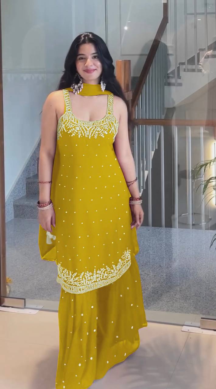 Mustard Yellow Designer Heavy Faux Georgette Plazzo Top and Dupatta