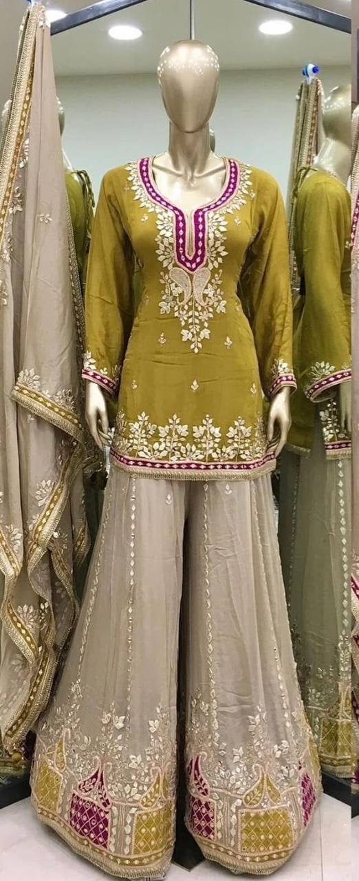 Mustard Yellow Faux Georgette Sharara Suit and Dupatta For Party Wear