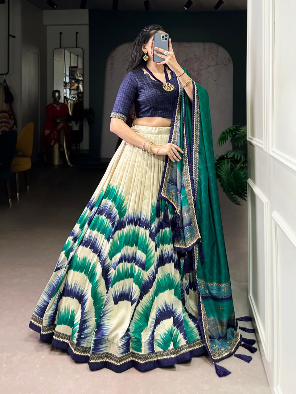 Navy Blue and cream Tasar Silk Tie-Dye Print Lehenga Choli with matching Dupatta