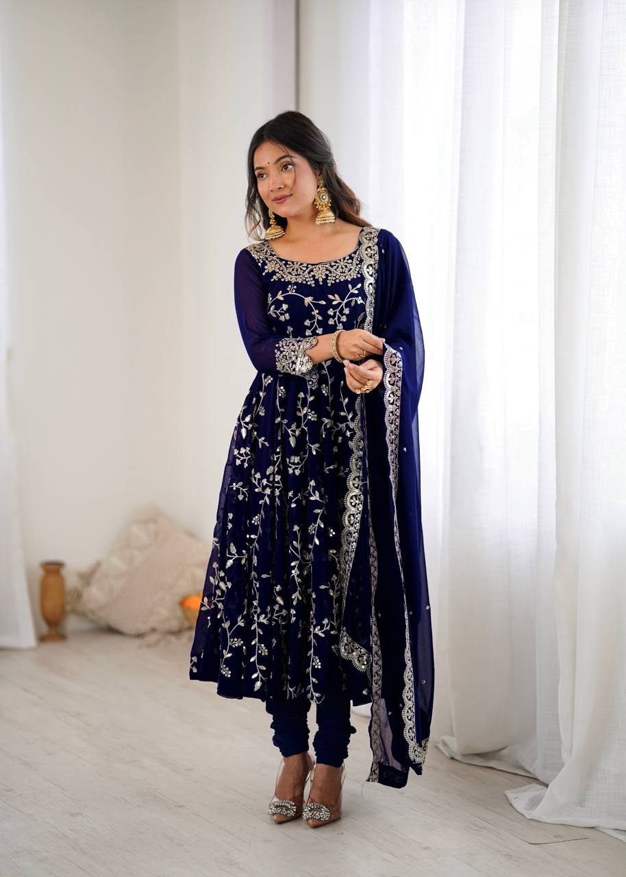 Navy Blue Designer Heavy Faux Georgette Anarkali Gown and Dupatta