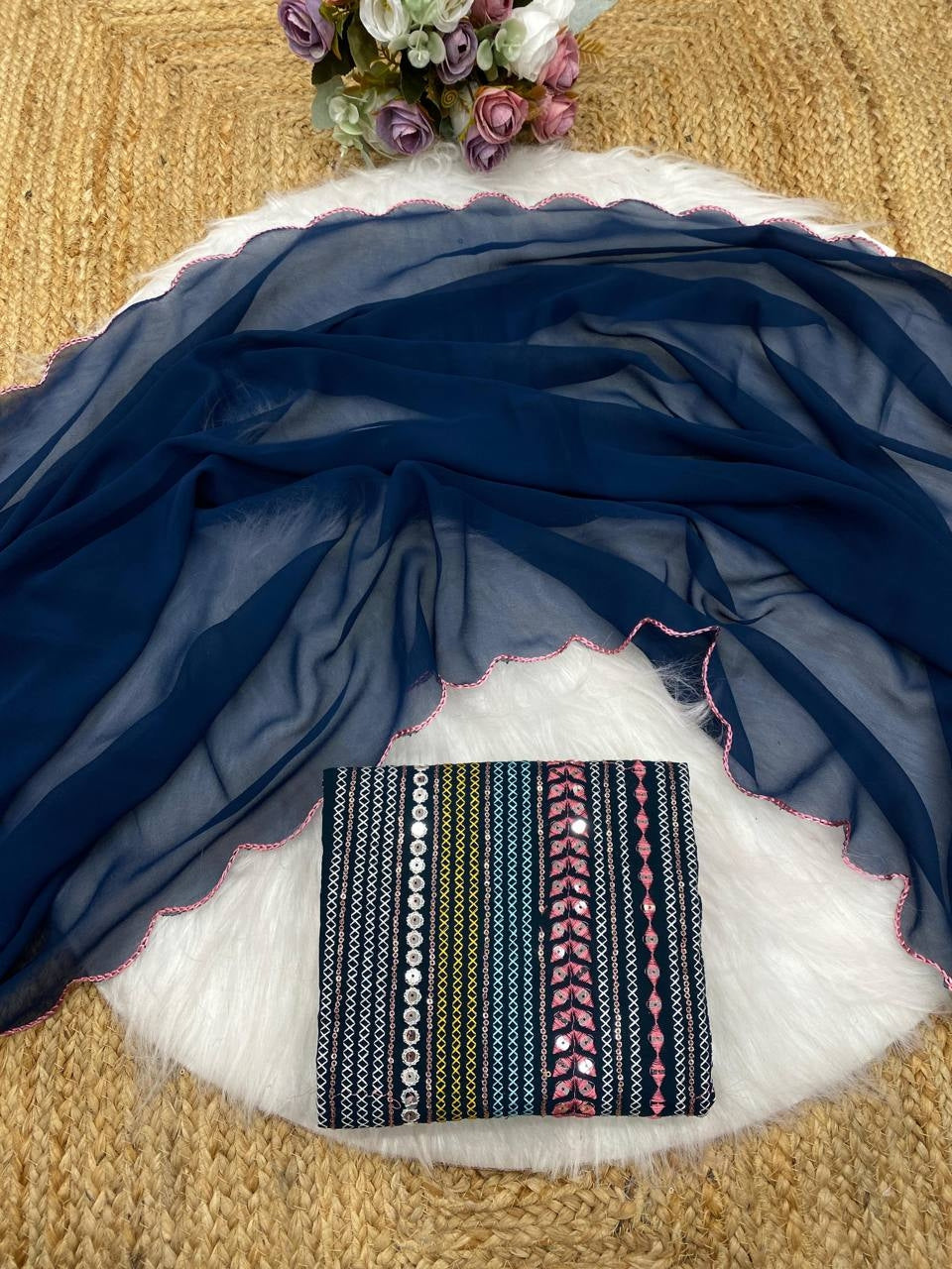 Navy Blue Georgette Aari Embroidery Border Saree with Work Blouse