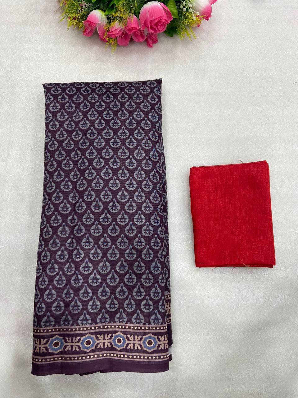 Navy Blue Mulmul Cotton Digital Print Saree with Banglori Blouse