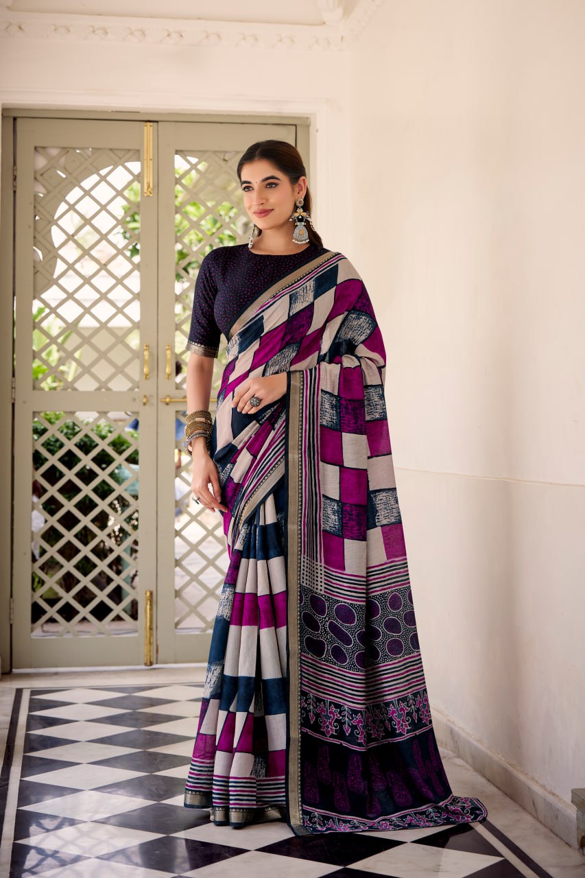 Navy Blue Polyester Viscose Chanderi Saree with Printed Temple Border