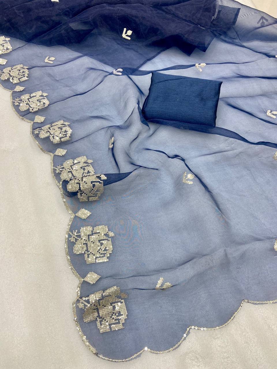 Navy Blue Pure Organza Saree with Sequins Embroidery Border Work Blouse