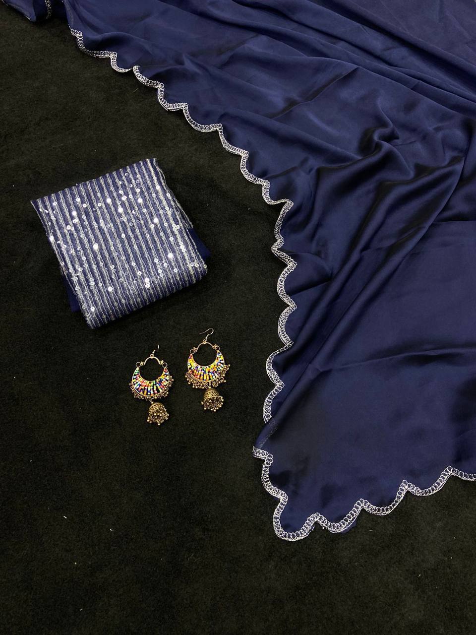 Navy Blue Rangoli Silk Saree with Aarko Border & Net Sequins Work Blouse