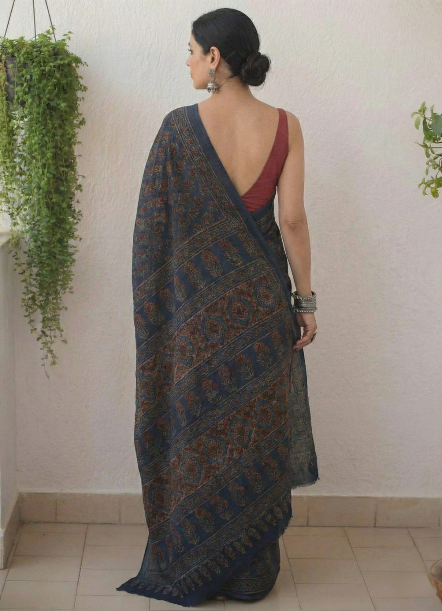 Navy Blue Soft Mulmul Cotton Digital Print Saree with Banglori Blouse