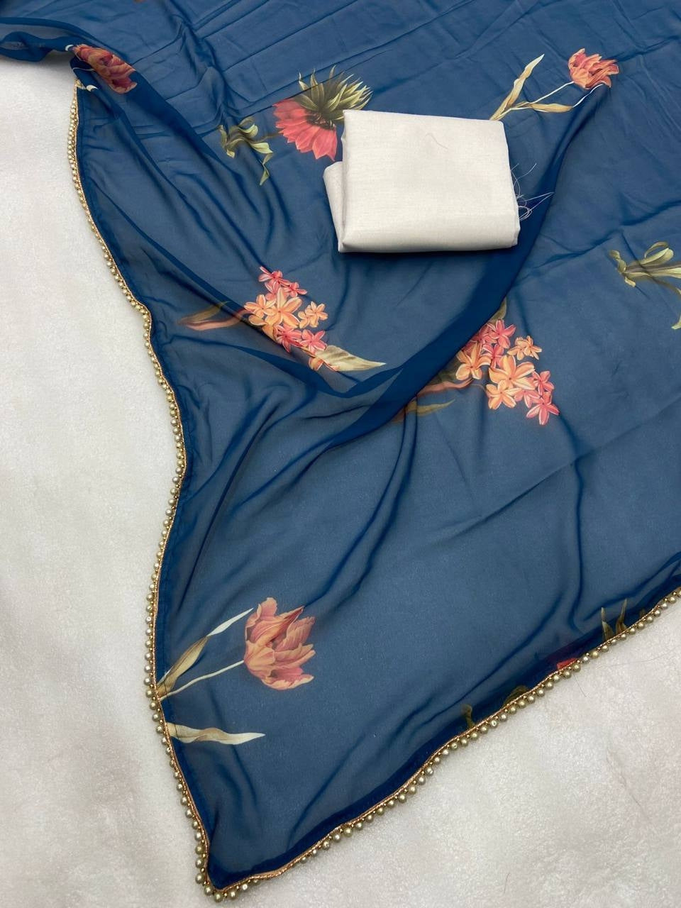 Navy Bule Georgette Digital Print Saree with Moti Lace Border & Blouse