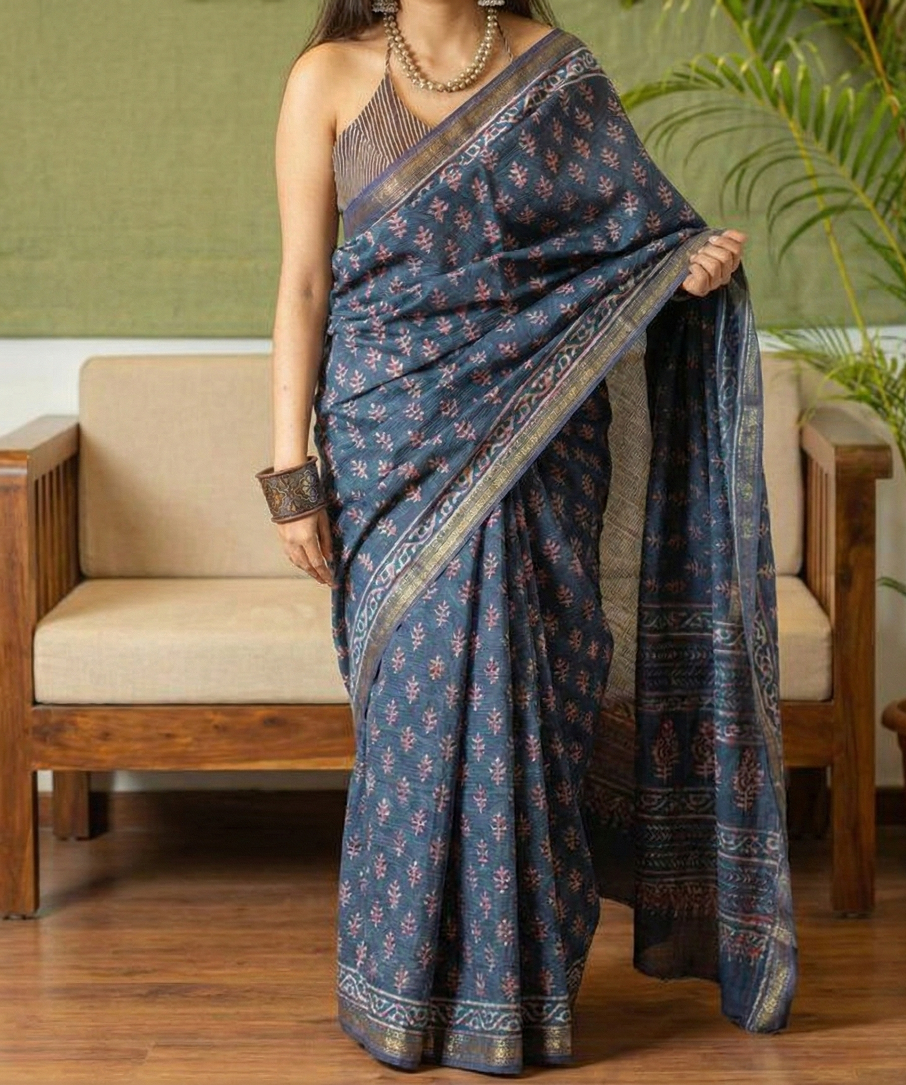 Navy Bule Mulmul Cotton Digital Print Saree with Banglori Blouse