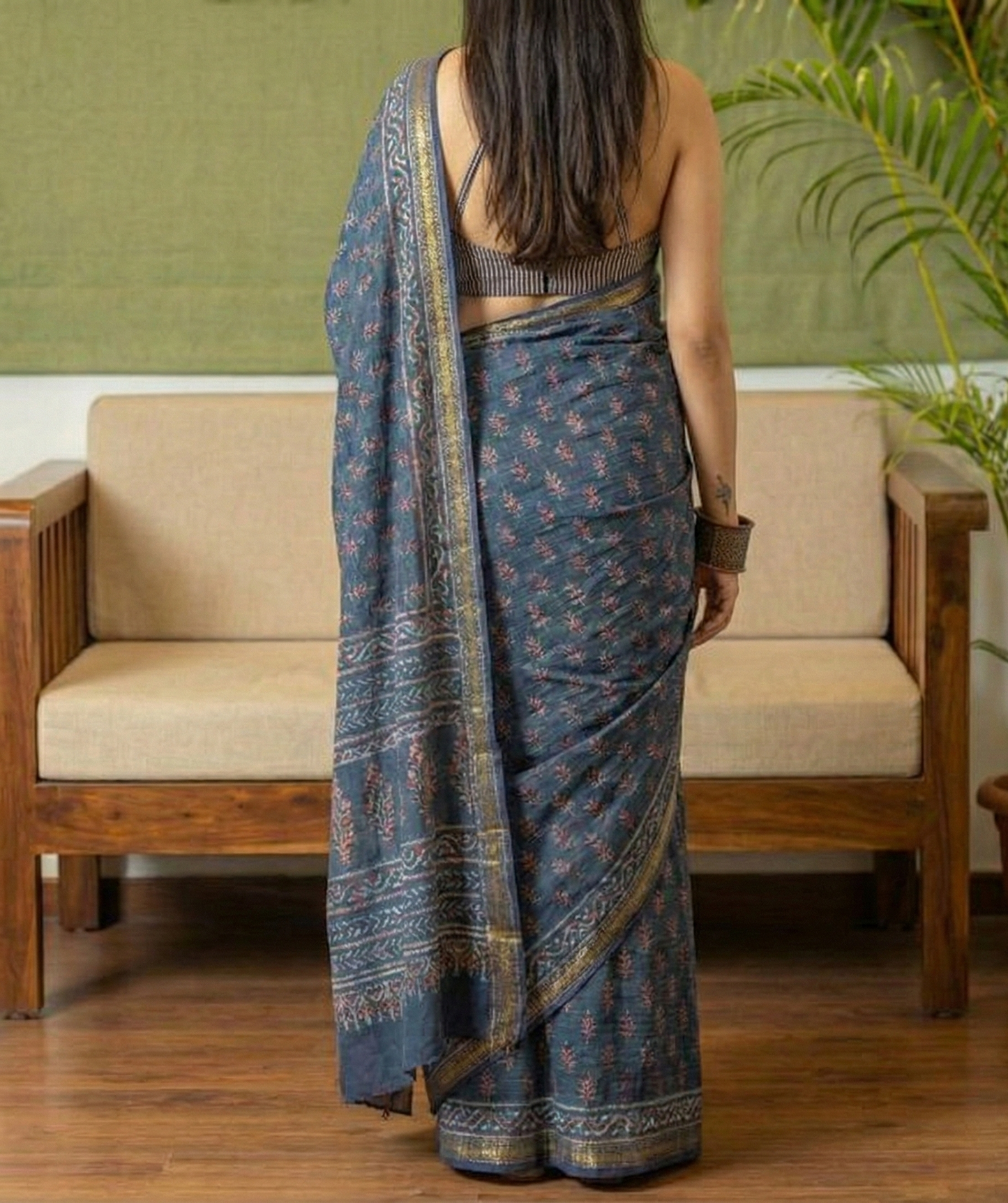 Navy Bule Mulmul Cotton Digital Print Saree with Banglori Blouse
