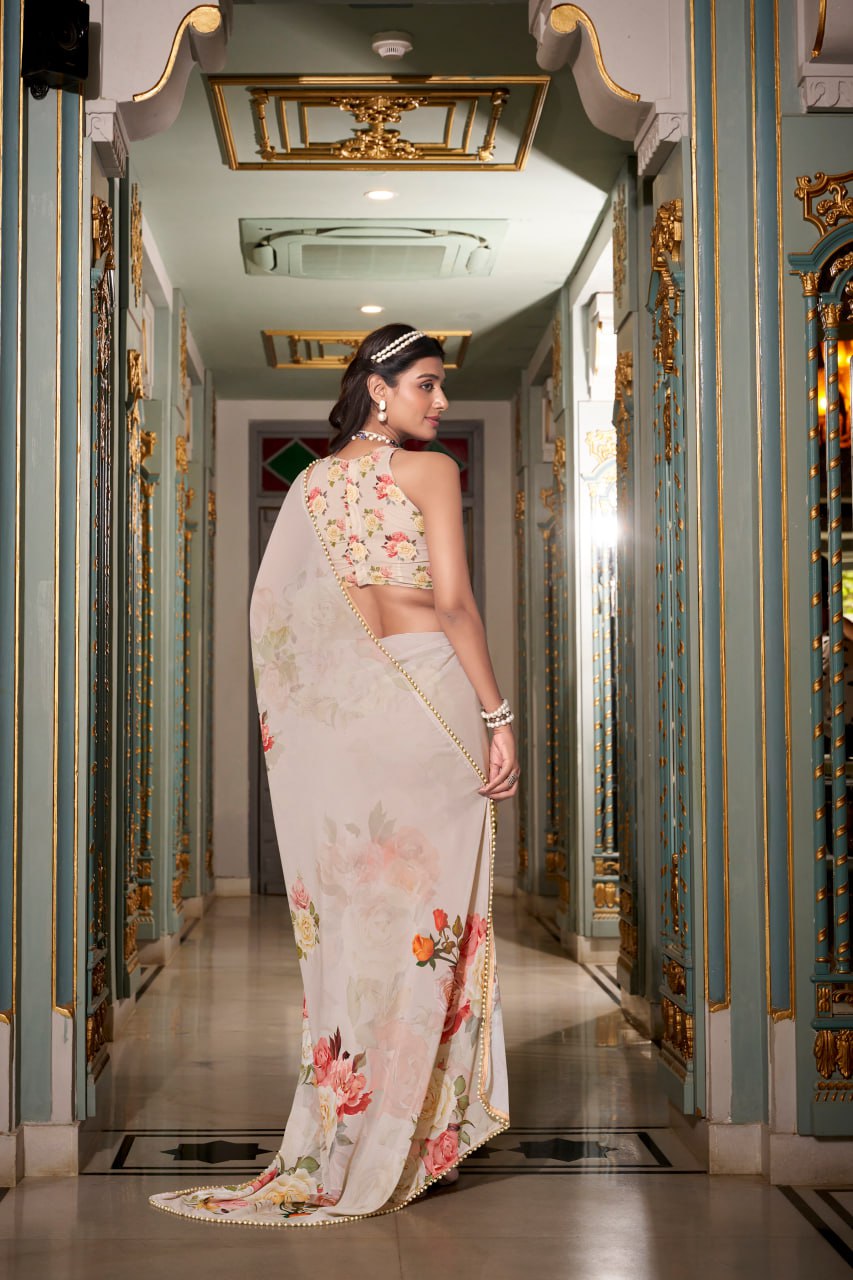 Off White Georgette Floral Print Saree with Pearl Lace Border