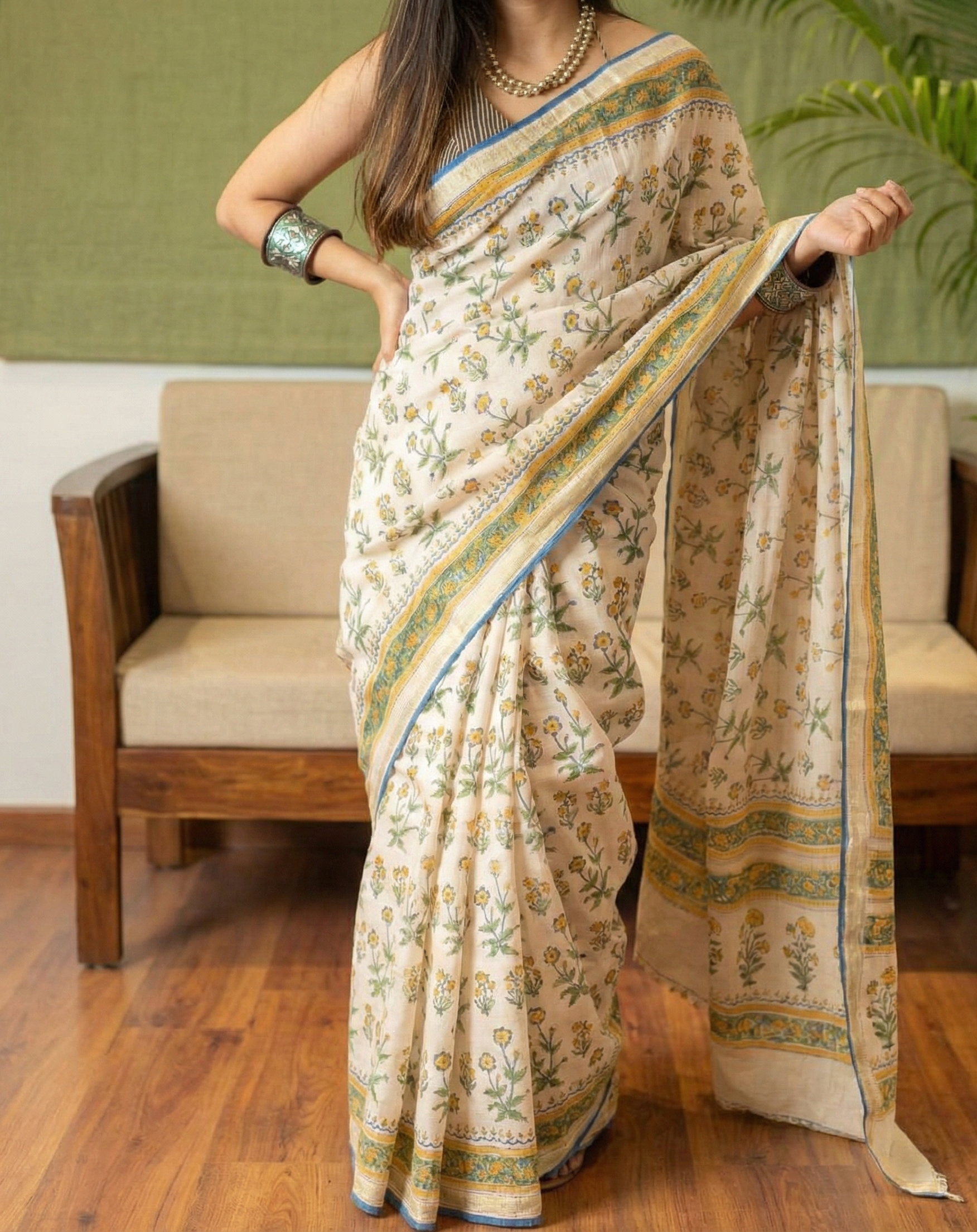 Off White Mulmul Cotton Digital Print Saree with Banglori Blouse