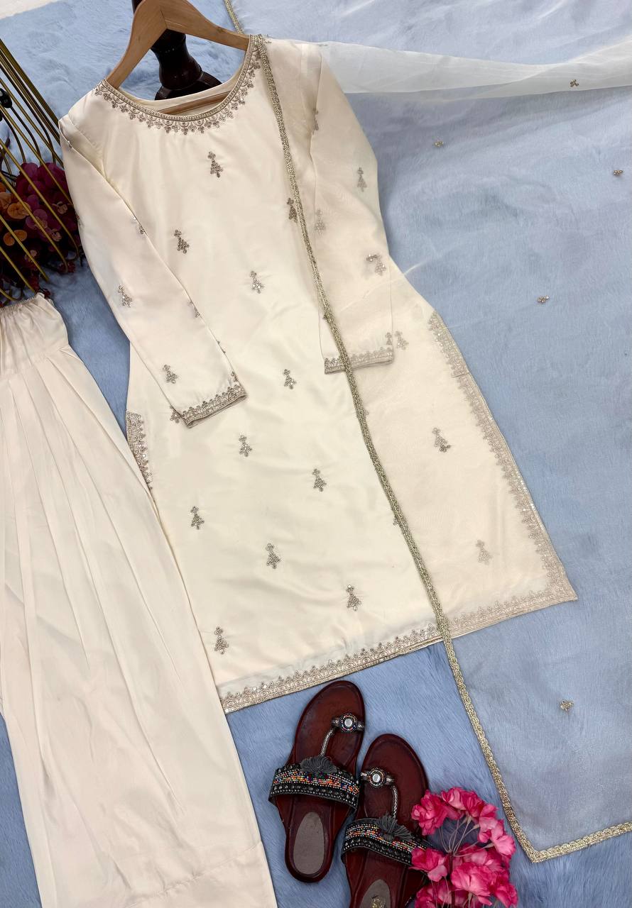 Off White Natural Satin Farshi Plazzo Top and Dupatta For Party Wear