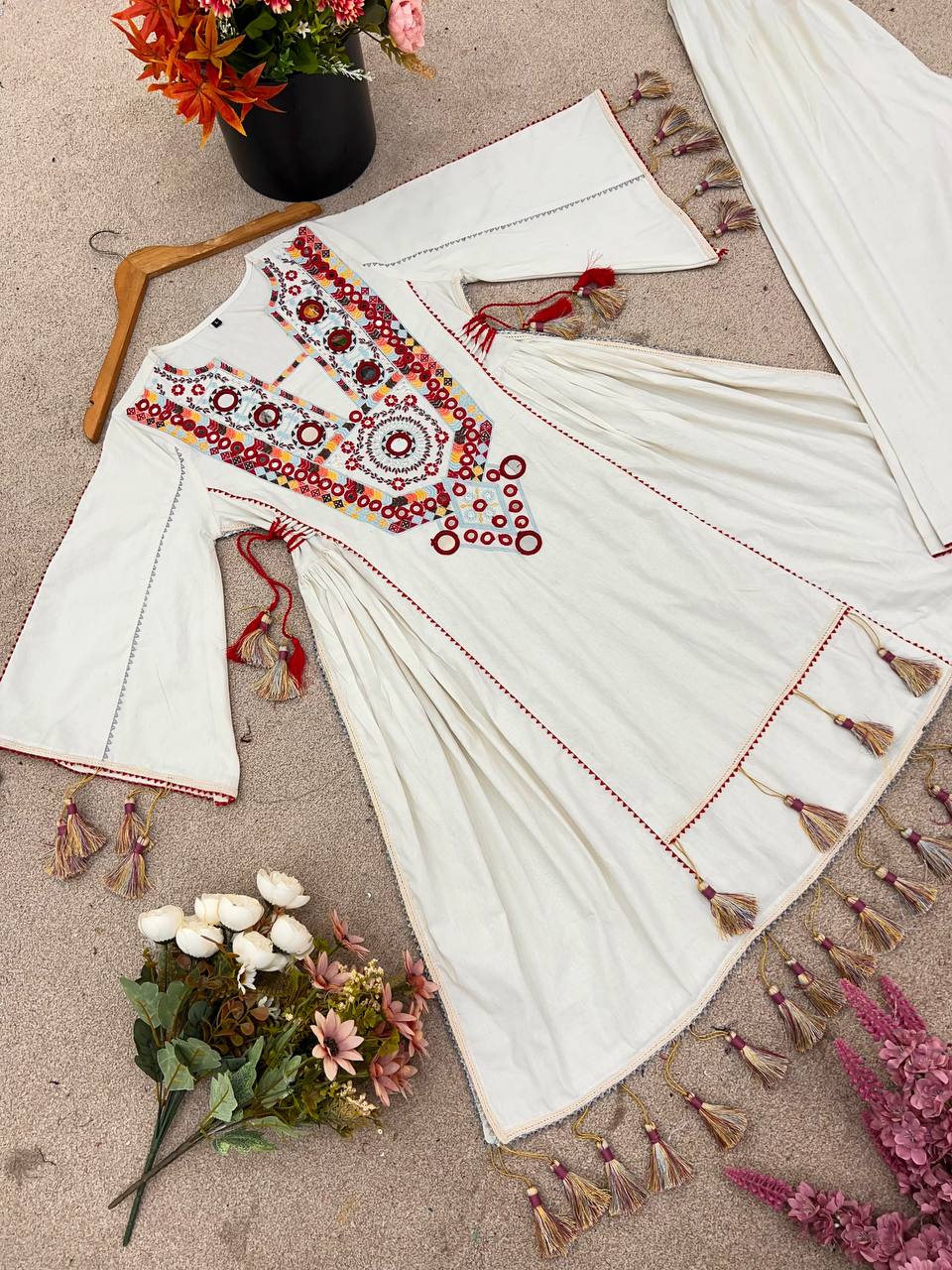 Off White Pure Khadi Cotton Embroidery Mirror Work Palazzo Suit