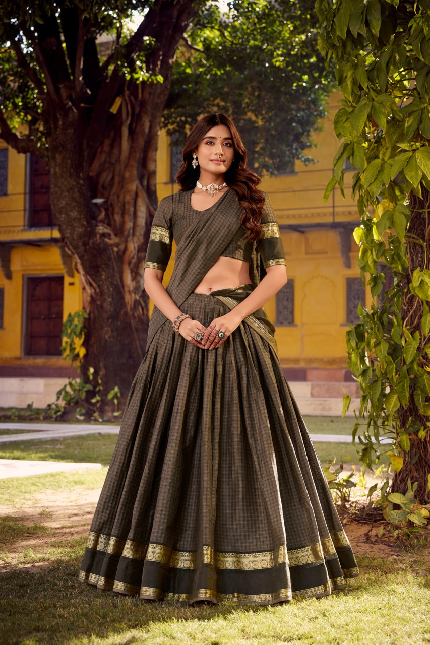 Olive Green Chettinad Cotton Lehenga Choli with Matching Dupatta