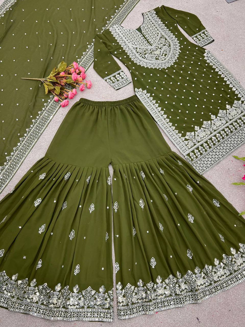 Olive Green Designer Faux Georgette Top Gharara & Dupatta For Party Wear