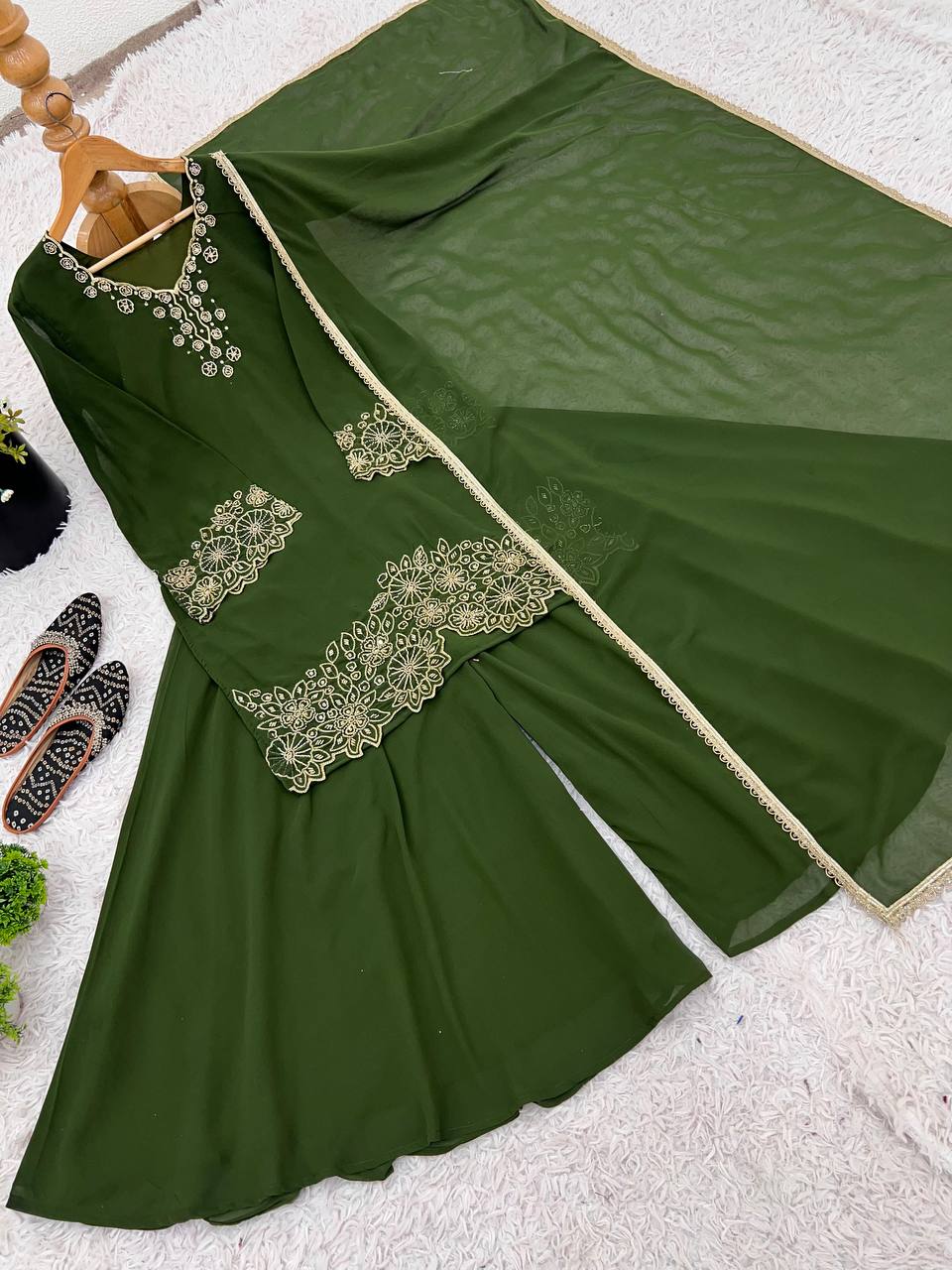 Olive Green Designer Georgette Sharara Suit and Dupatta For Party Wear