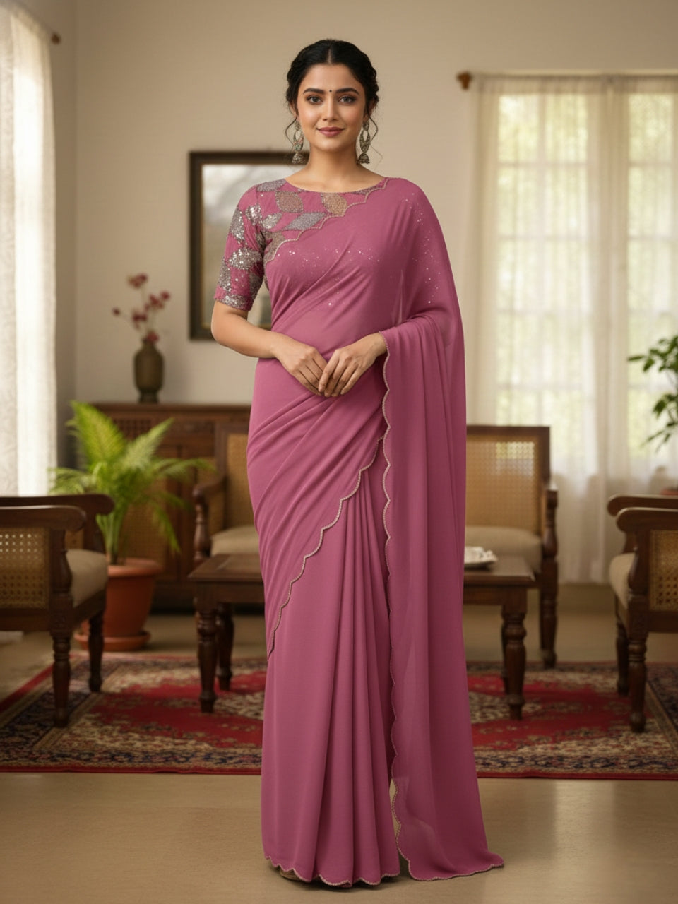 Onion Smooth Georgette Saree with Aari Border & Embroidery Blouse
