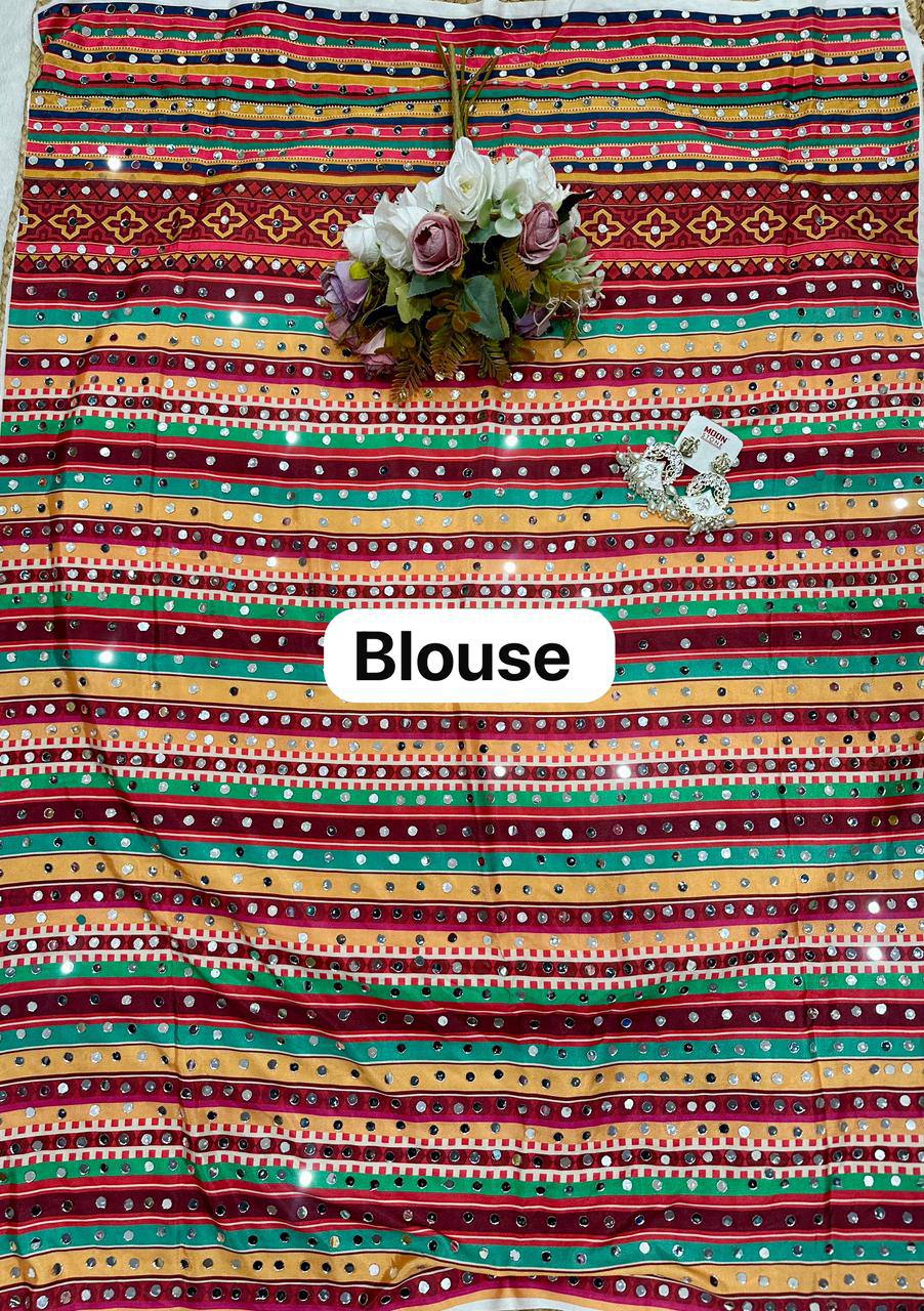 Orange Chinon Silk Digital Print Saree with Matching Designer Blouse