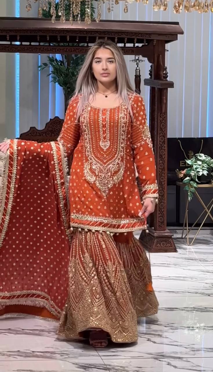 Orange Designer Farshi Plazzo Top and Dupatta For Nikah Wear