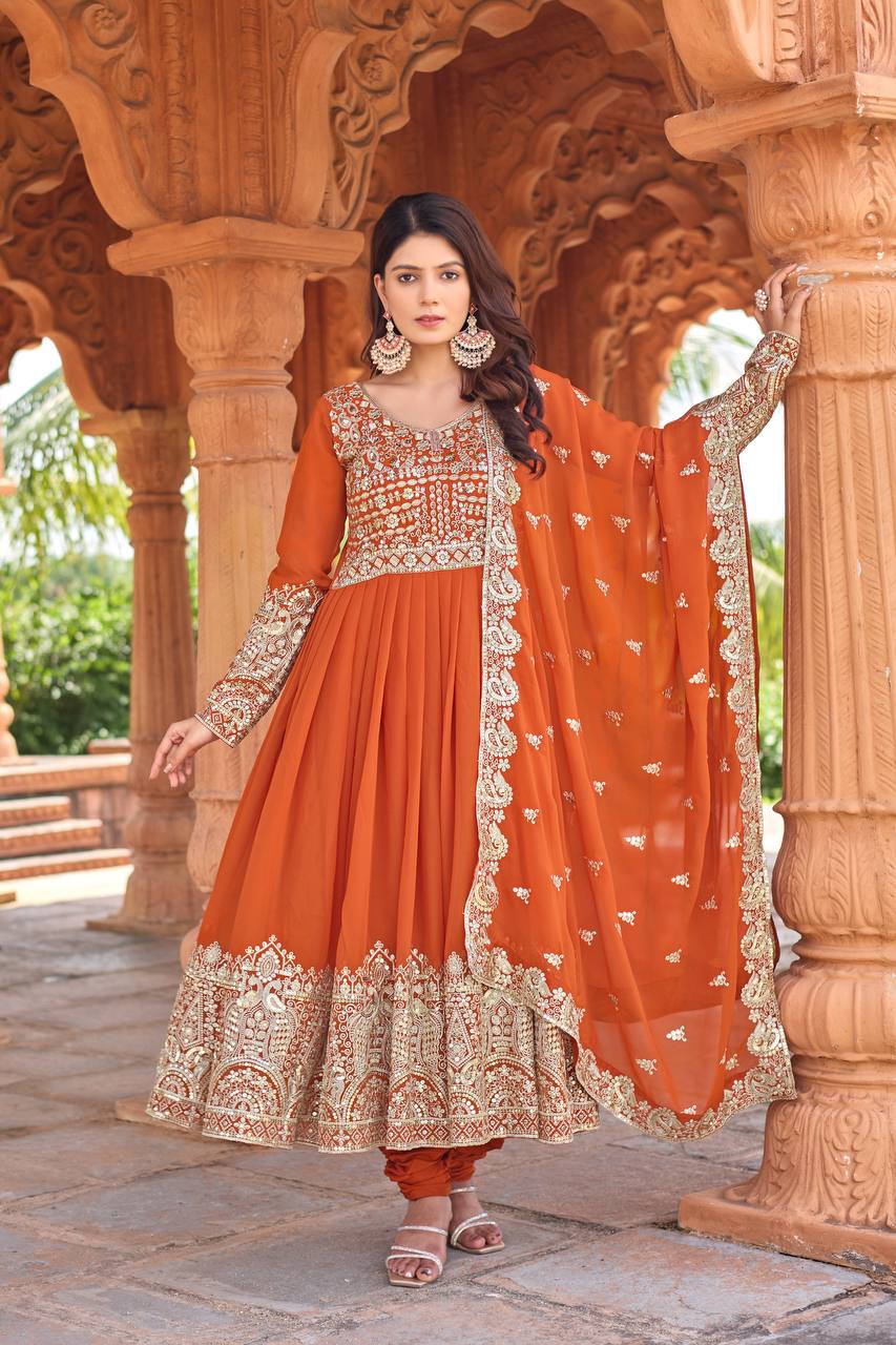 Orange Designer Faux Georgette Anarkali Gown and Dupatta For Party Wear