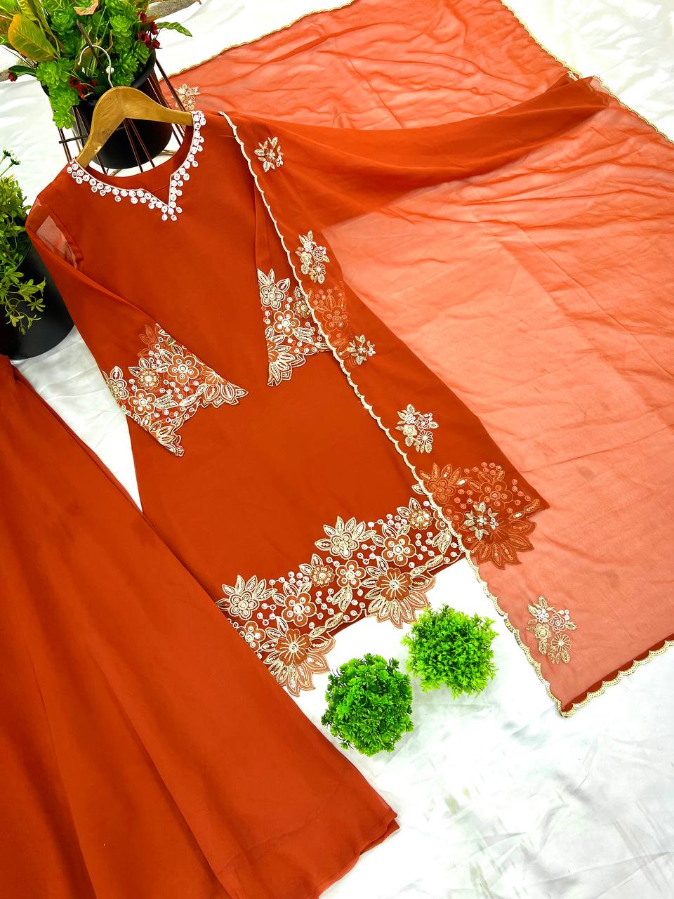 Orange Designer Faux Georgette Embroidery Palazzo Top and Dupatta