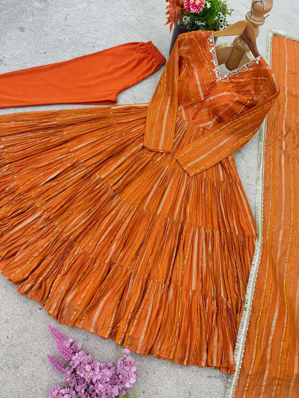 Orange Designer Mal Chanderi Mirror Work Ruffle Gown and Dupatta