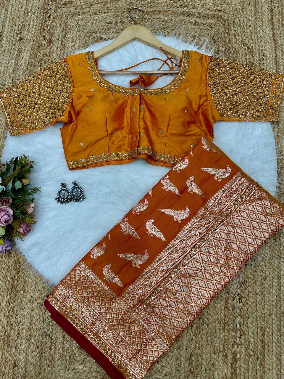 Orange Designer Soft Silk Weaving Saree and Valmoti Border Blouse