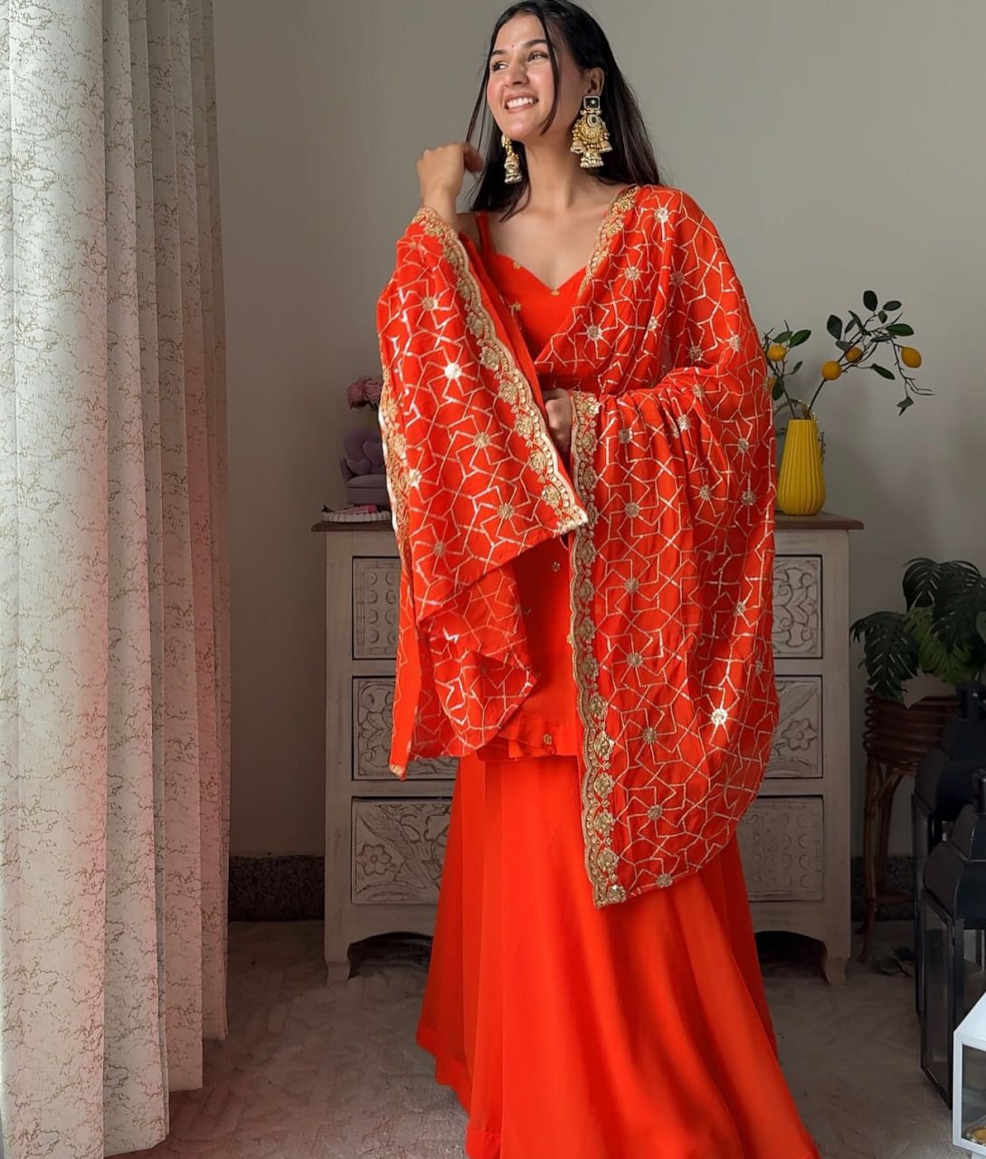 Orange Faux Georgette Thread & Sequin Embroidered Palazzo Set