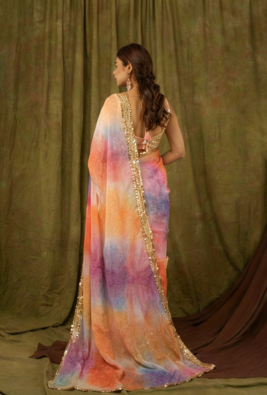 Orange Pure Khadi Organza Saree with Golden Banglori Blouse