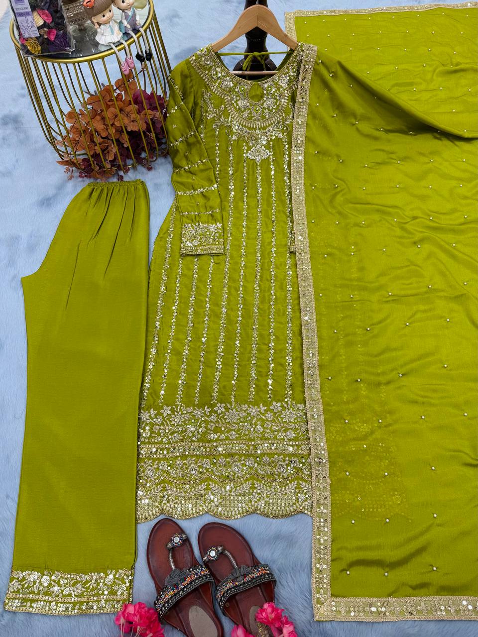 Parrot Green Designer Chinon Silk Plazzo Top and Dupatta For Party Wear