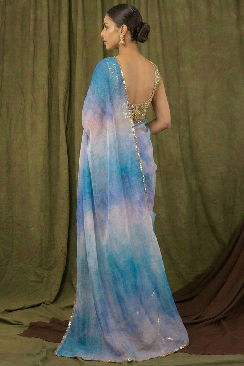 Pastel Blue Pure Khadi Organza Saree with Golden Banglori Blouse