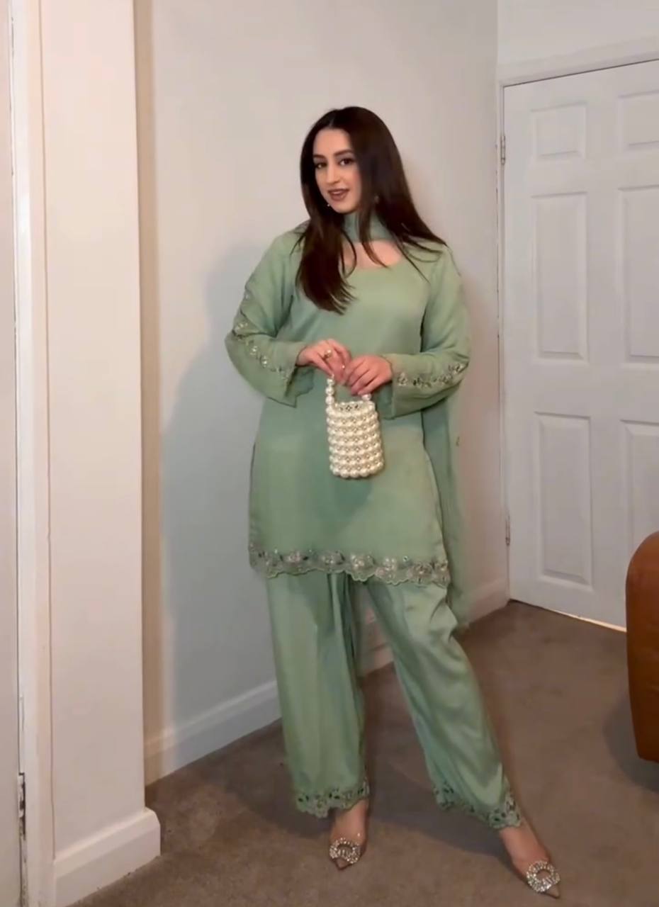 Pastel Green Designer Georgette Farshi Plazzo and Dupatta For Party Wear