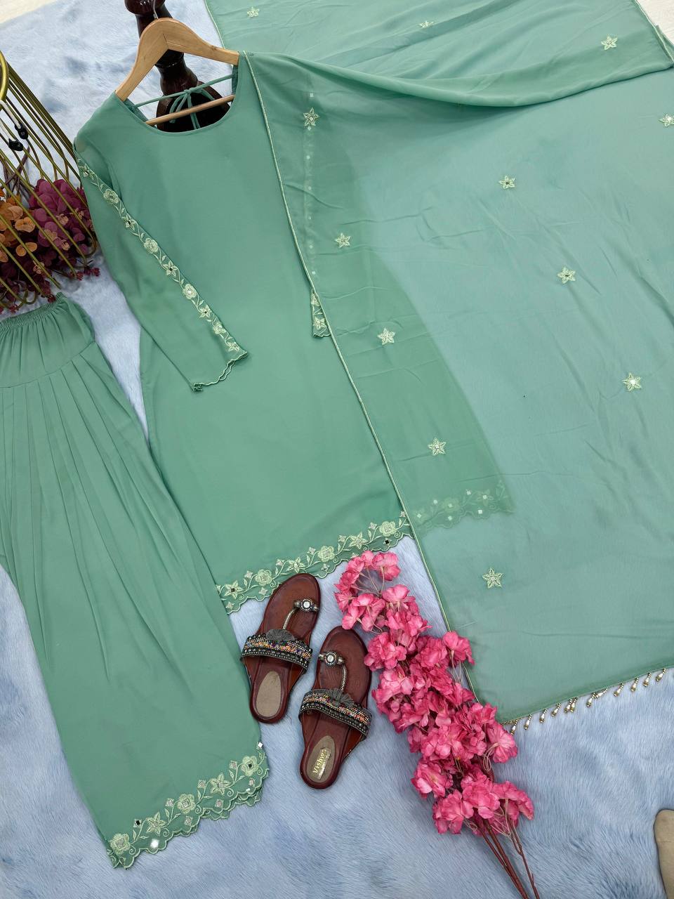 Pastel Green Designer Georgette Farshi Plazzo and Dupatta For Party Wear