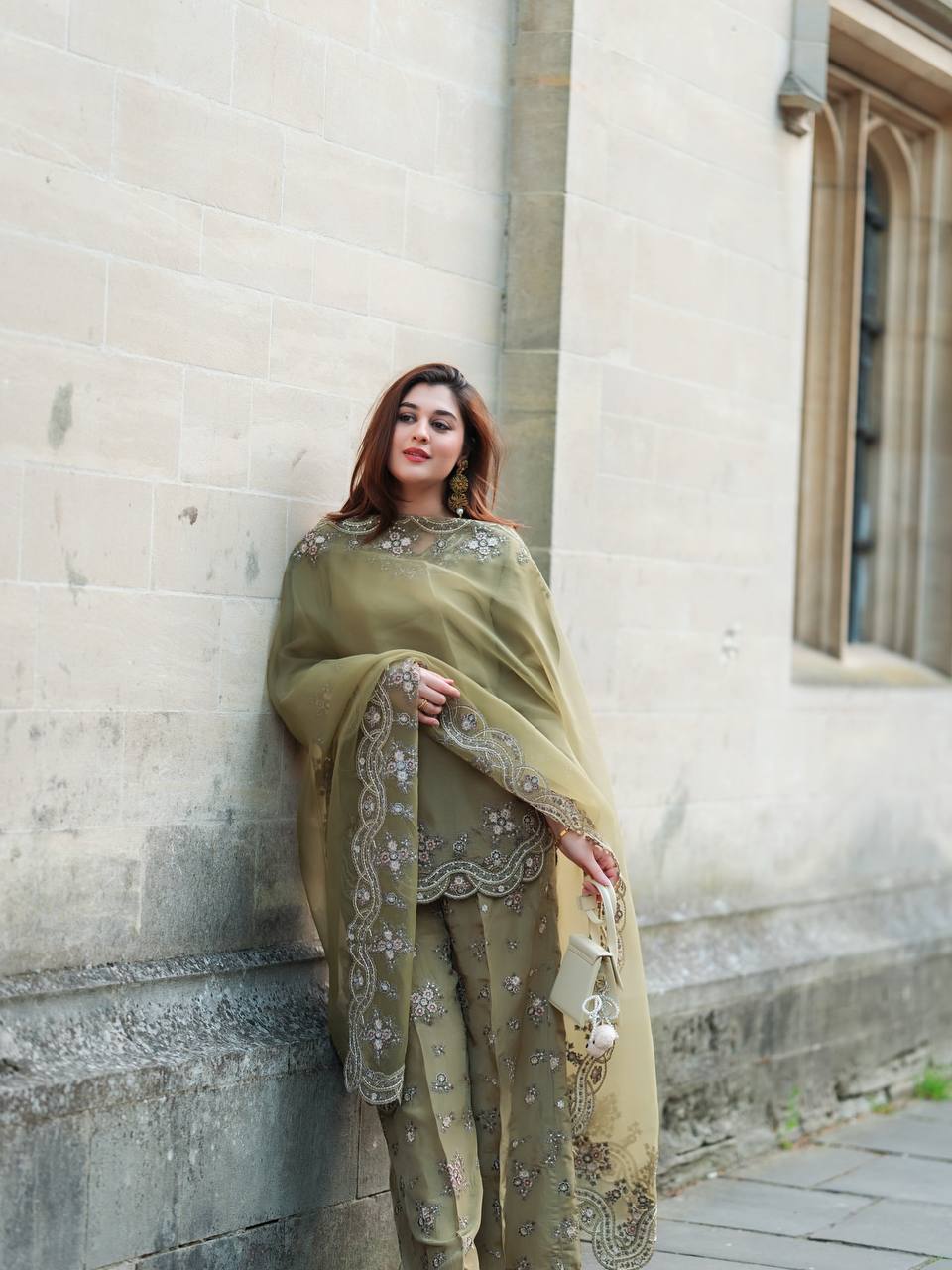 Pastel Green French Crepe Silk Top Bottom and Dupatta For Party Wear