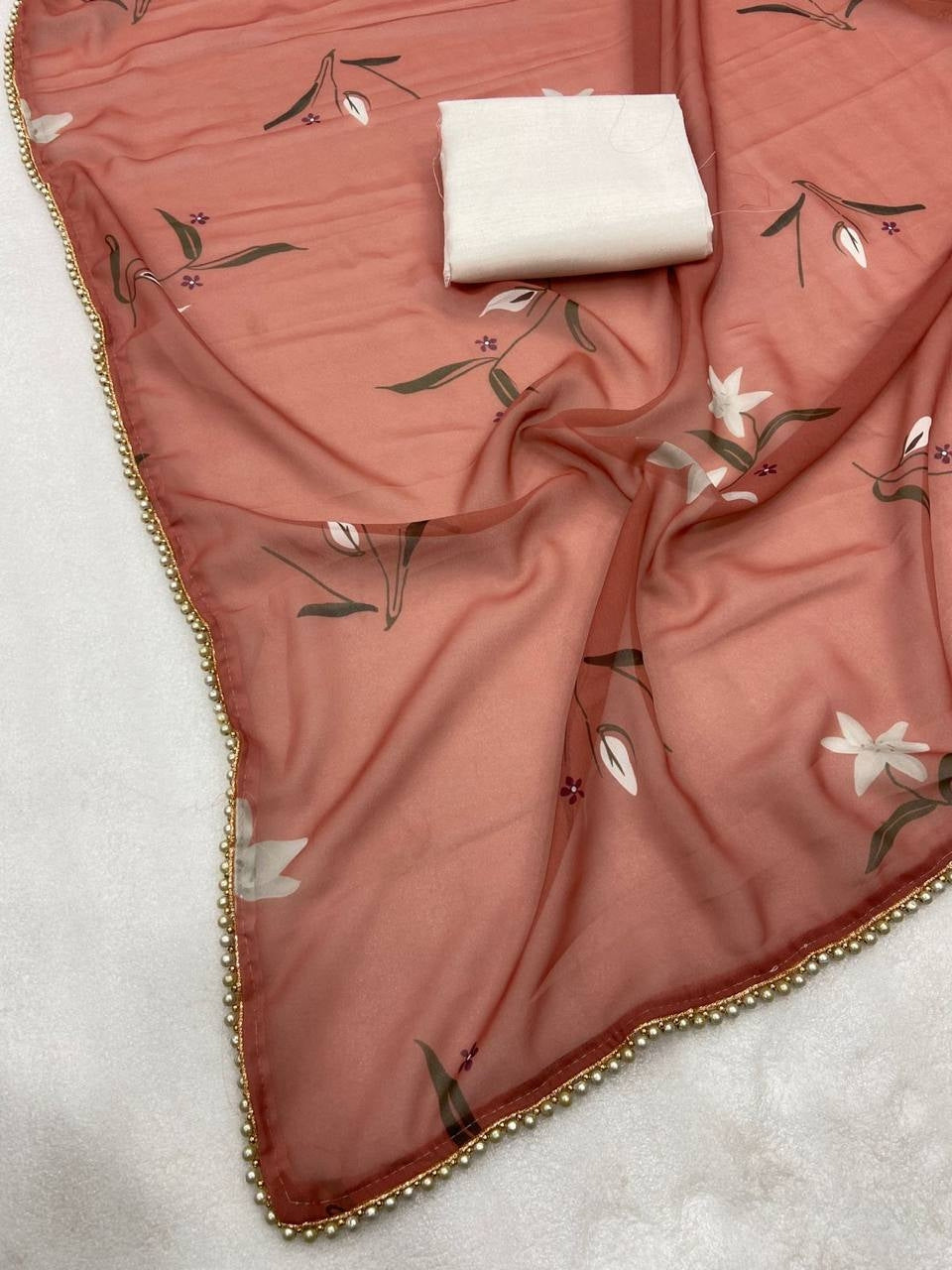 Peach Georgette Digital Print Saree with Moti Lace Border & Blouse