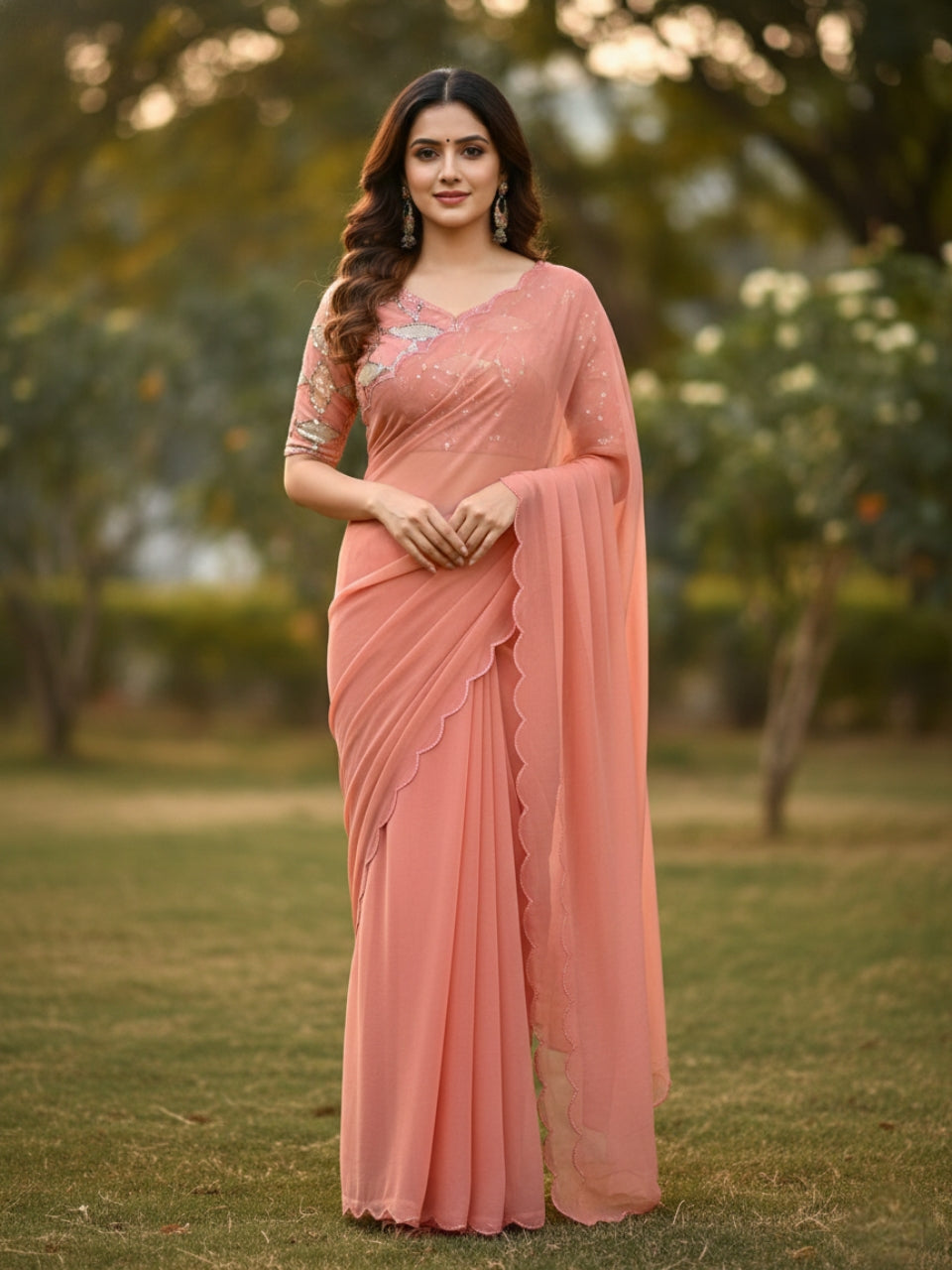 Peach Smooth Georgette Saree with Aari Border & Embroidery Blouse