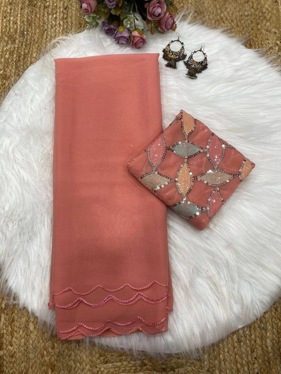 Peach Smooth Georgette Saree with Aari Border & Embroidery Blouse
