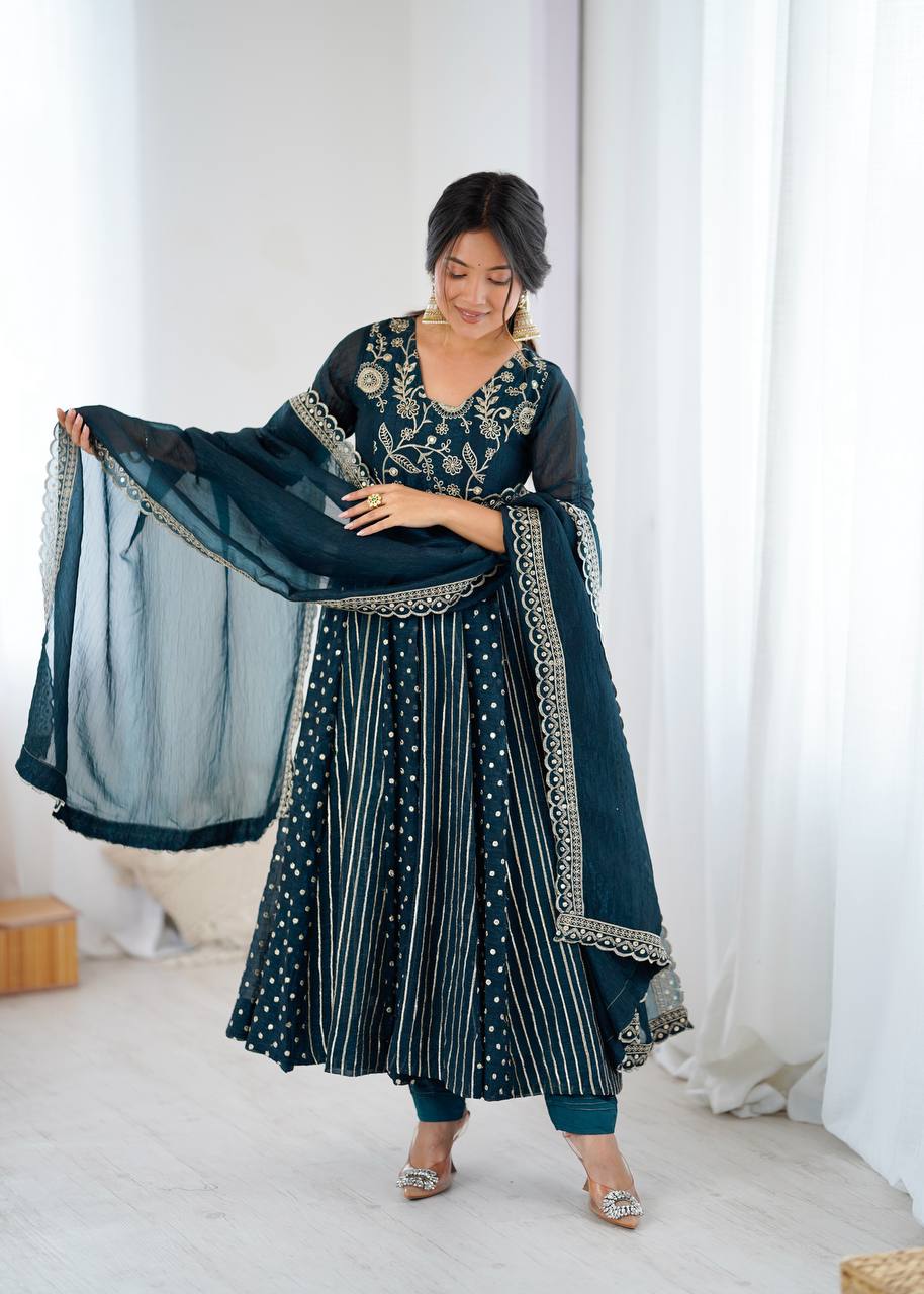 Peacock Teal Blue Designer Crunchy Silk Anarkali Gown and Dupatta