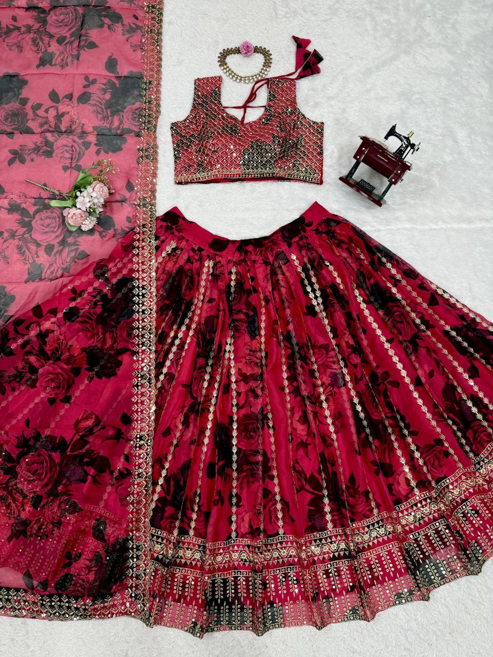 Tabby Organza Lehenga, Sequin Work Lehenga, Organza Choli Set, Full Stitch Lehenga, Lace Border Dupatta, Lightweight Lehenga, Wedding Lehenga Choli, Festive Ethnic Wear, Designer Organza Lehenga, Traditional Lehenga Choli, 3 Meter Flair Lehenga, Unstitched Blouse, Micro Inner Lehenga