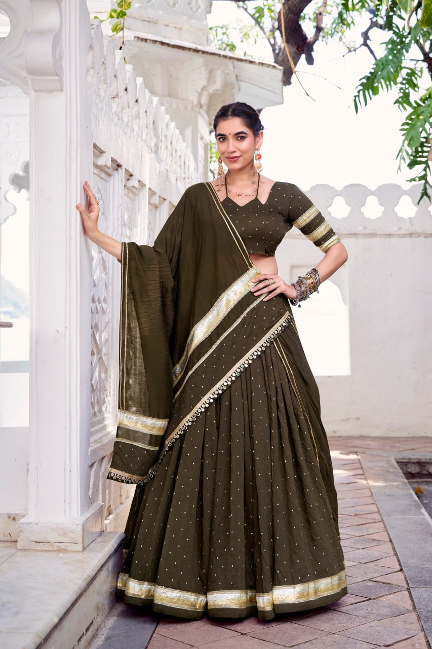 Olive Green  Pure Chanderi Silk Lehenga Choli With Zari Weaving & Lace Touch Up