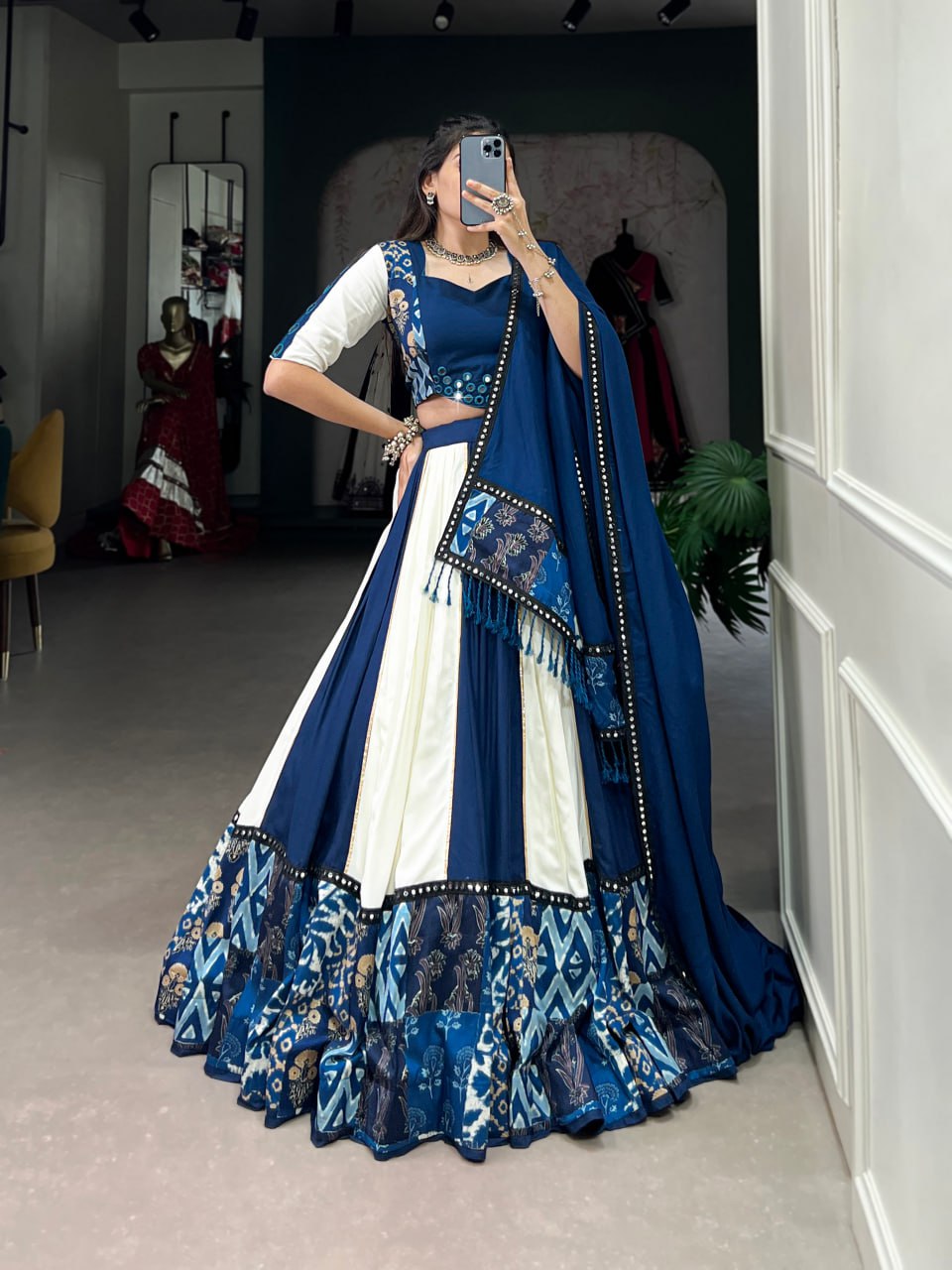 Blue Rayon Printed Lehenga Choli with Mirror Work & Gota Patti