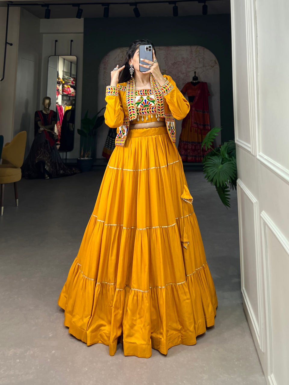 Navratri Lehenga Choli with Koti, Pure Rayon Lehenga Set, Gamthi Work Festival Wear Outfit, Gota Patti Lehenga for Navratri, Designer Navratri Chaniya Choli 2025, Stitched Lehenga Choli with Jacket, Traditional Indian Lehenga Outfit, Cowrie Lace Work Lehenga Choli, Women’s Navratri Garba Dress, Rayon Lehenga Choli with Gamthi Embroidery