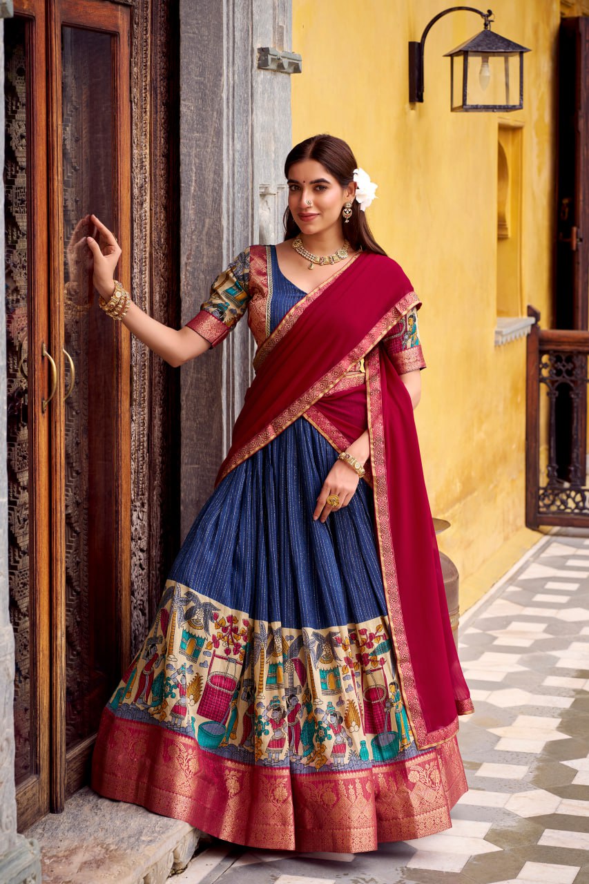 Navy Blue Poly Kalamkari Printed Chanderi Lehenga Choli
