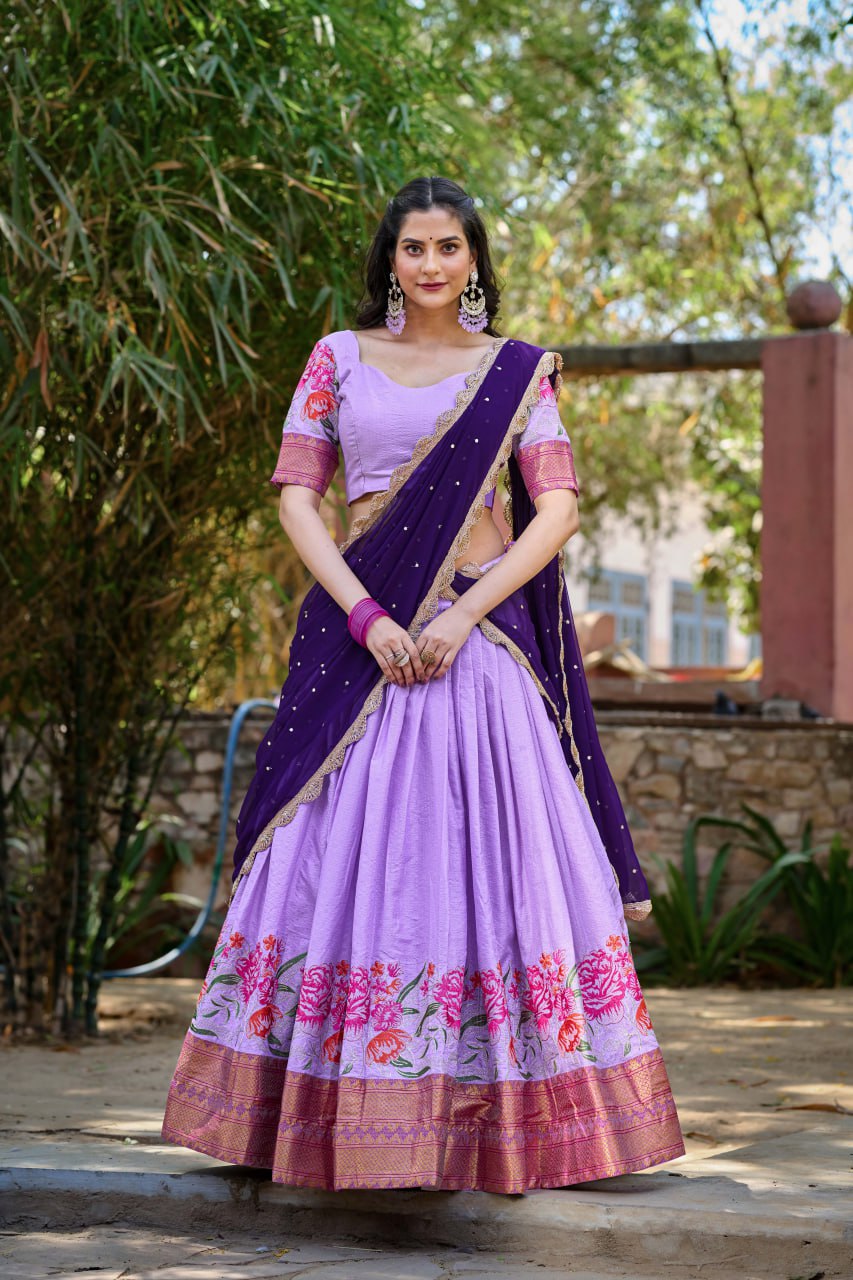 Lavender Cotton Silk Lehenga Choli Thread Embroidery with Drape Georgette Dupatta