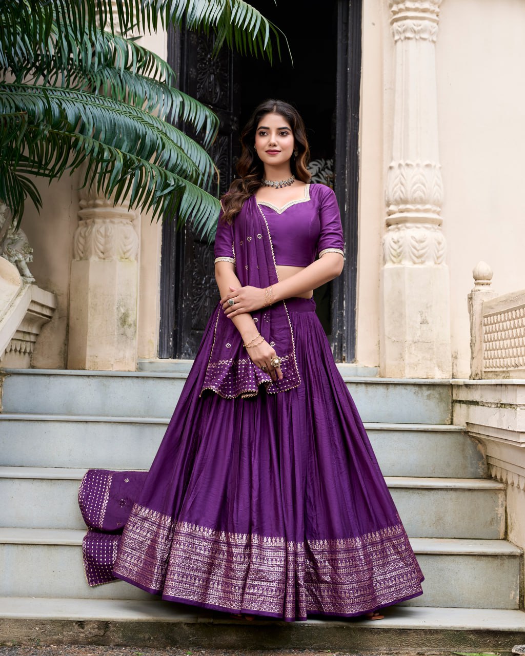 Pure Chanderi Dark Purple Chaniya Choli for Navratri with Zari Weaving Border & Sequins Dupatta