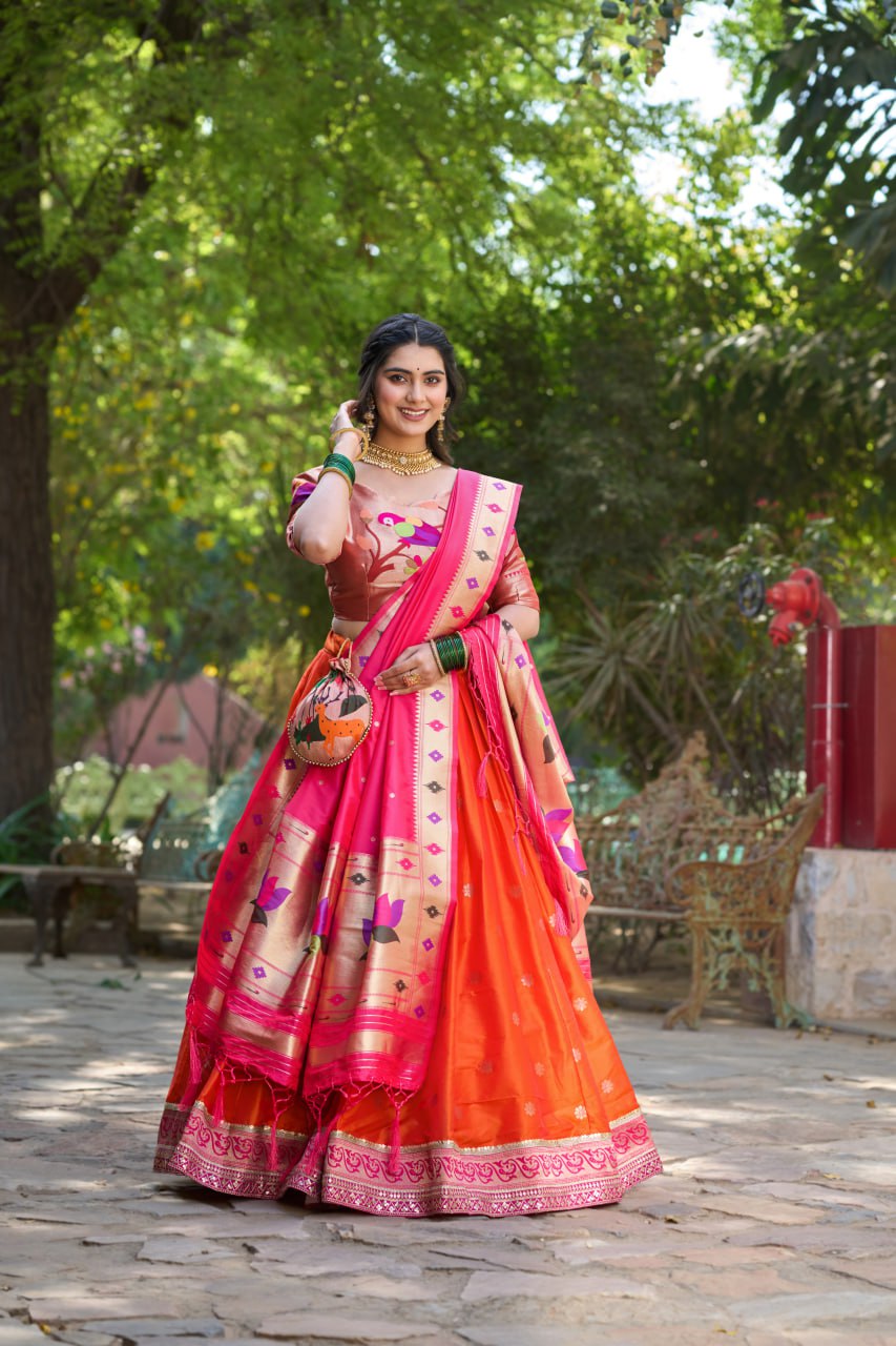 Orange Heritage Paithani Lehenga Choli with Zari Weaving Work