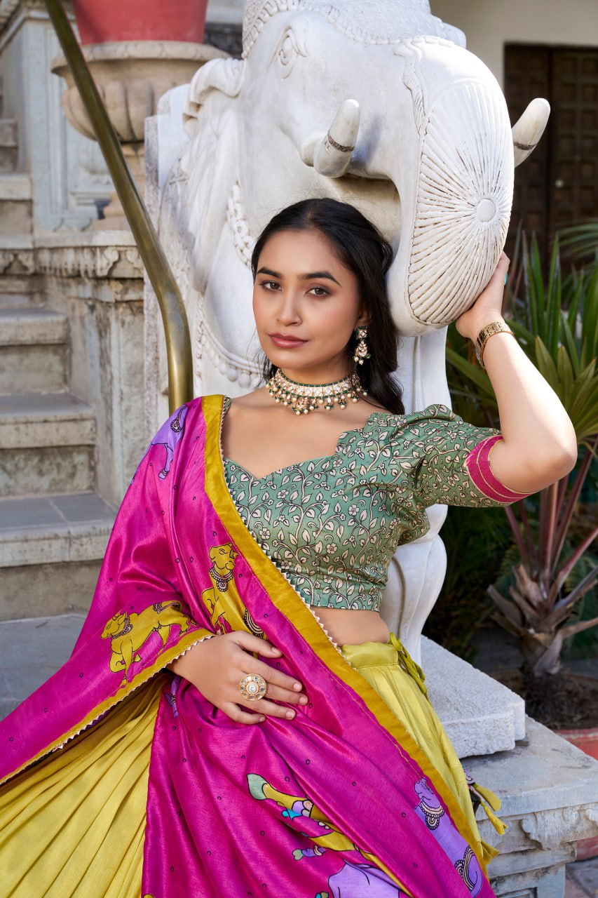Yellow Kalamkari Lehenga Choli with Foil Work & Gota Patti Dupatta