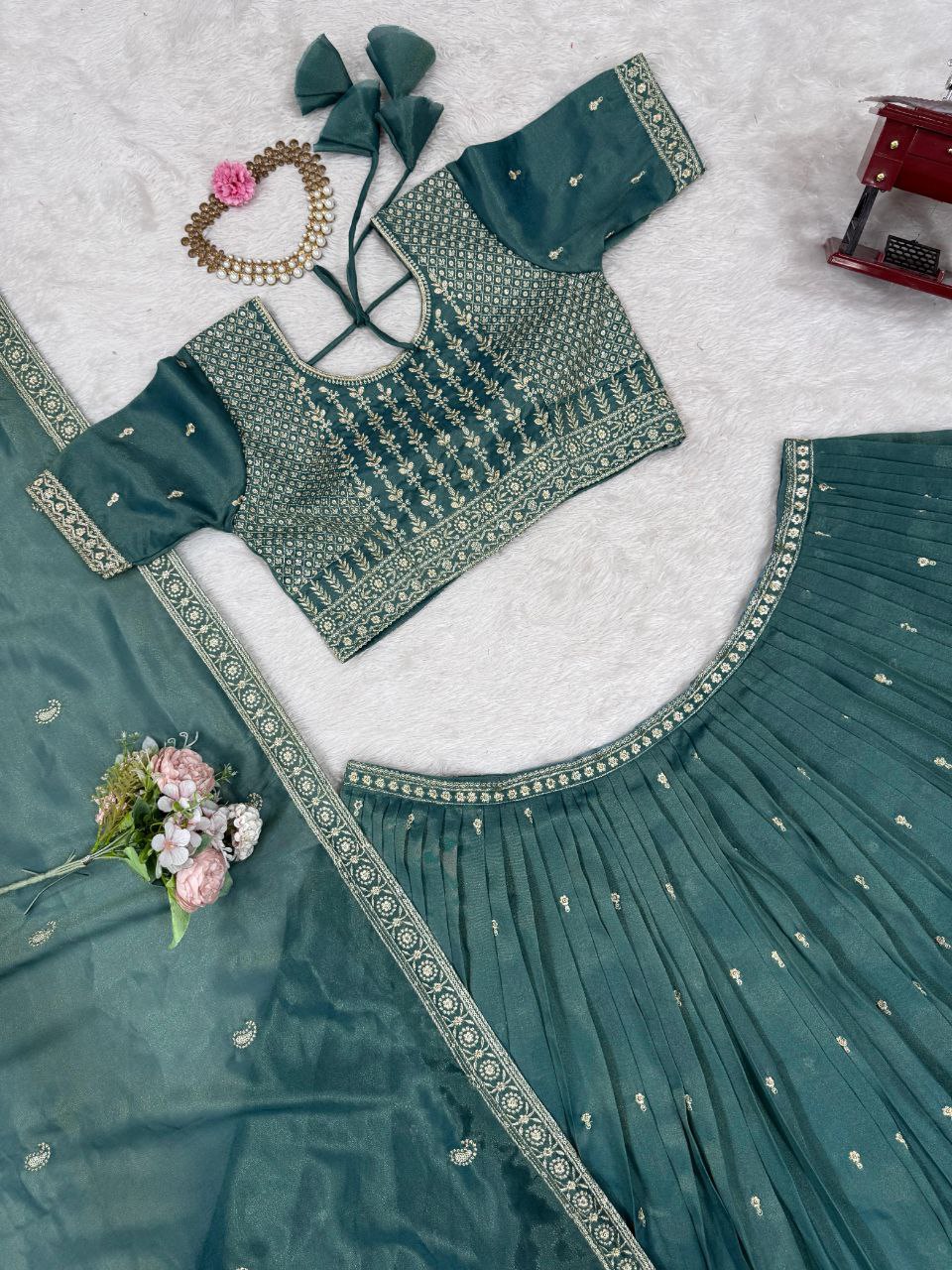 Simmer Silk Sequin Lehenga Choli with Lace Dupatta – 3 Mtr Flair